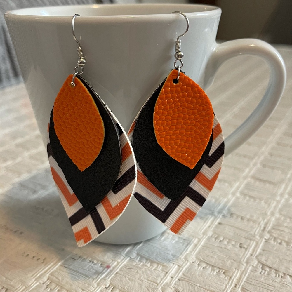 Orange/Black faux leather earrings